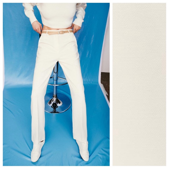 Zara Pants - NWT. Zara Ecru Viscose Blend Belted Straight Leg Pants. Size S.